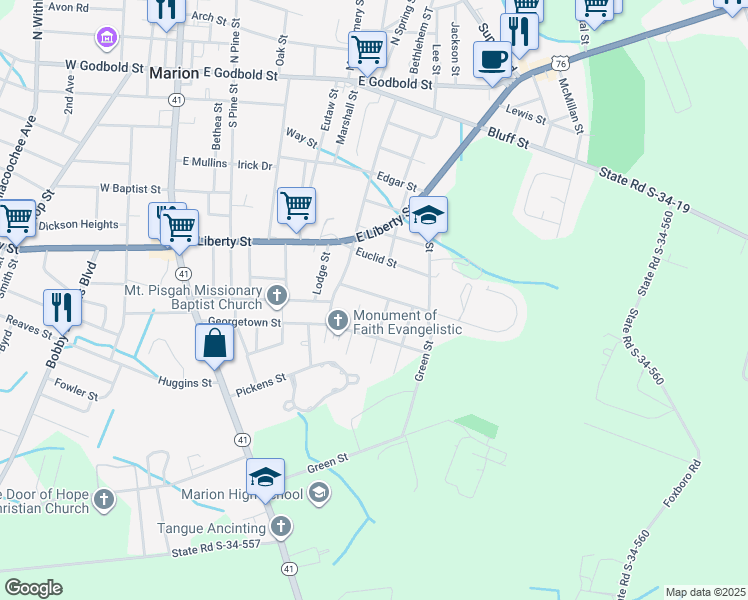 map of restaurants, bars, coffee shops, grocery stores, and more near 804 Strawberry Street in Marion