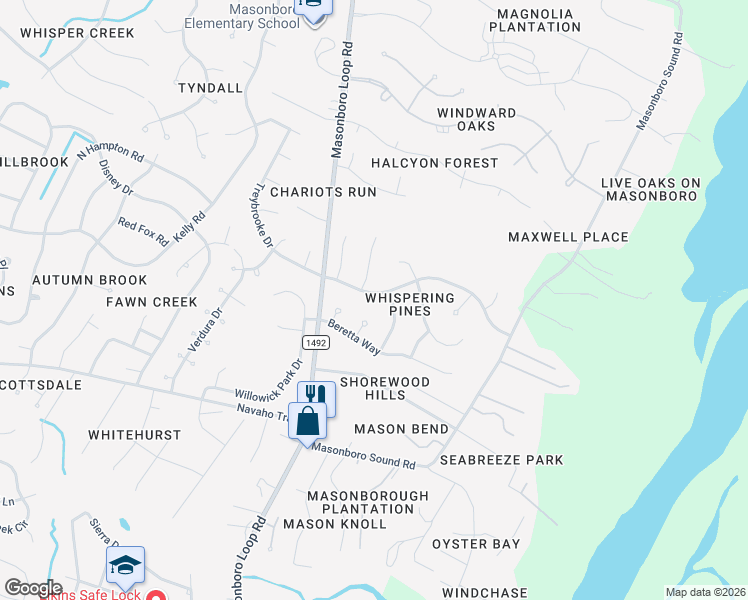 map of restaurants, bars, coffee shops, grocery stores, and more near 5324 Dawning Creek Way in Wilmington