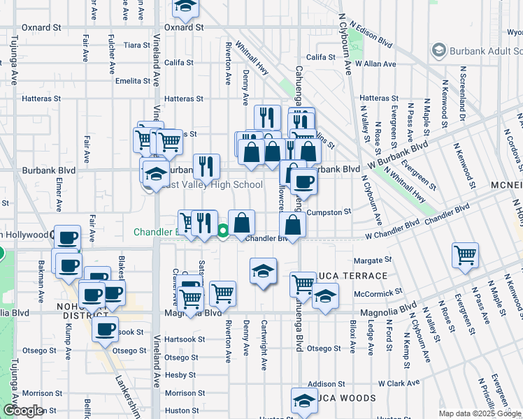 map of restaurants, bars, coffee shops, grocery stores, and more near 5503 Cartwright Avenue in Los Angeles