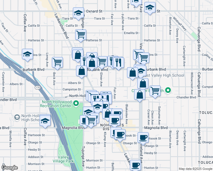 map of restaurants, bars, coffee shops, grocery stores, and more near 5505 Klump Avenue in Los Angeles