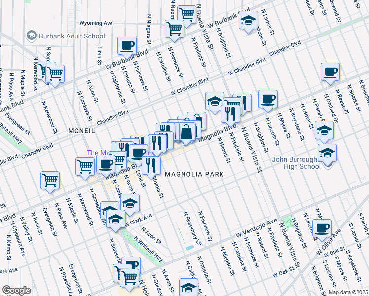 map of restaurants, bars, coffee shops, grocery stores, and more near 2926 W Magnolia Blvd in Burbank