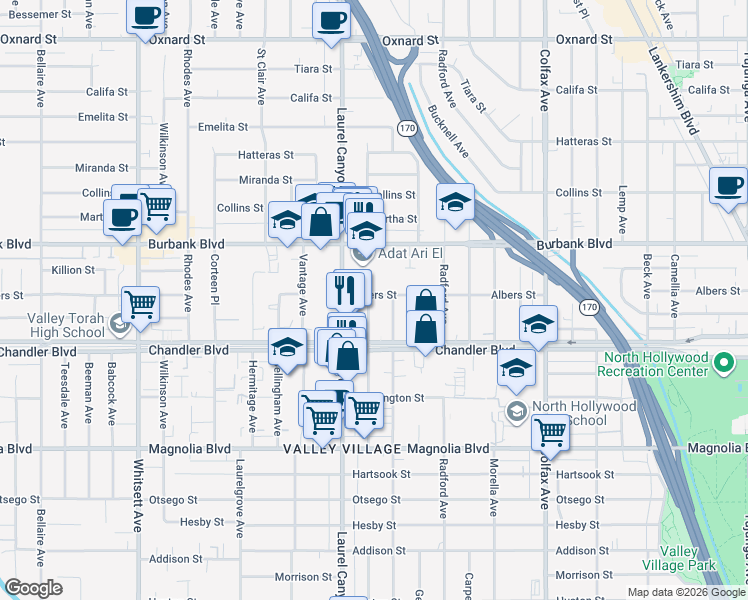 map of restaurants, bars, coffee shops, grocery stores, and more near 5454 Agnes Avenue in Los Angeles