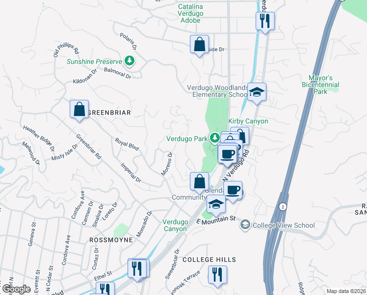 map of restaurants, bars, coffee shops, grocery stores, and more near 1835 Las Flores Drive in Glendale