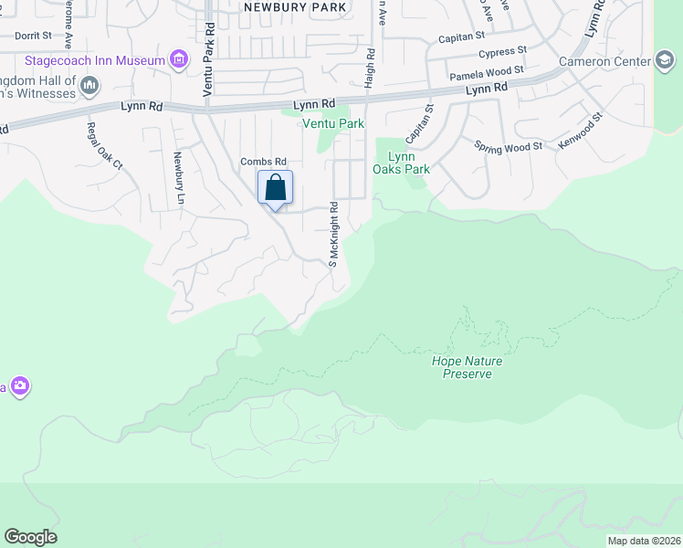 map of restaurants, bars, coffee shops, grocery stores, and more near 456 South McKnight Road in Thousand Oaks