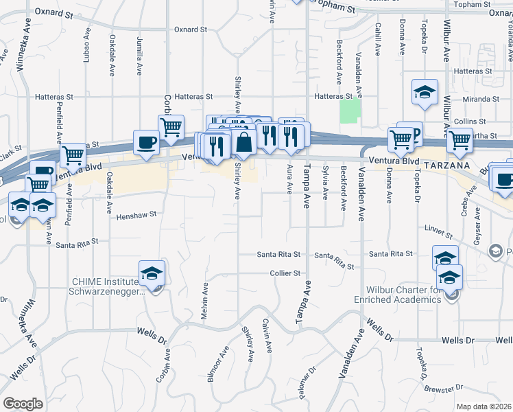 map of restaurants, bars, coffee shops, grocery stores, and more near 19421 Linnet Street in Los Angeles