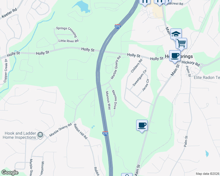 map of restaurants, bars, coffee shops, grocery stores, and more near 104 Manous Drive in Canton