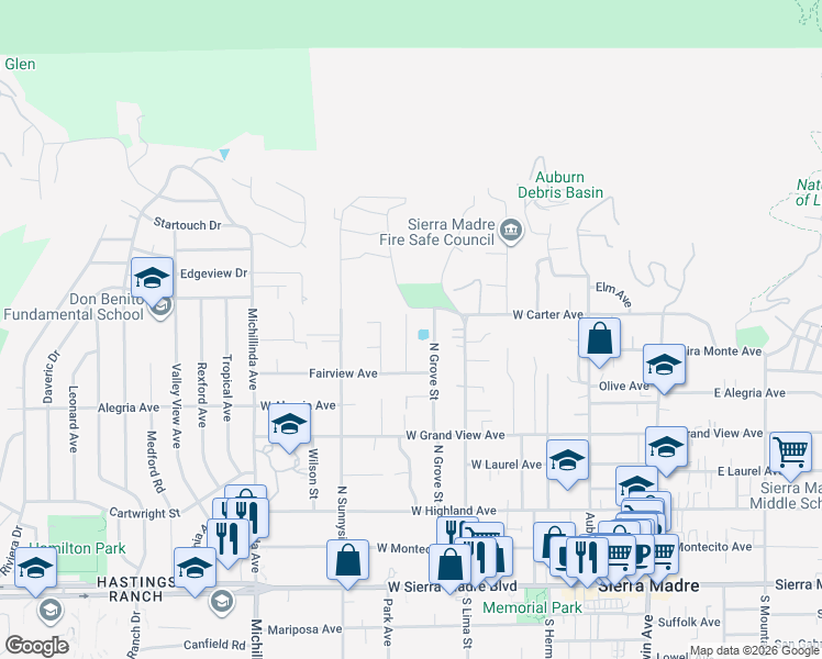 map of restaurants, bars, coffee shops, grocery stores, and more near 452 Crestvale Drive in Sierra Madre