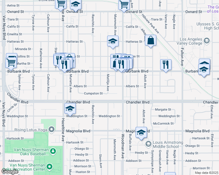 map of restaurants, bars, coffee shops, grocery stores, and more near 5452 Matilija Avenue in Los Angeles