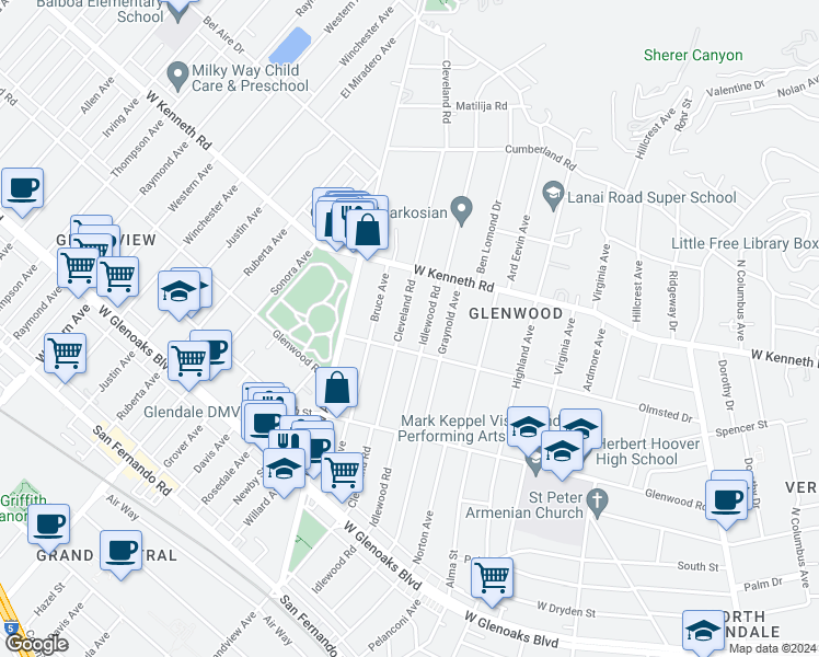 map of restaurants, bars, coffee shops, grocery stores, and more near 1418 Cleveland Road in Glendale