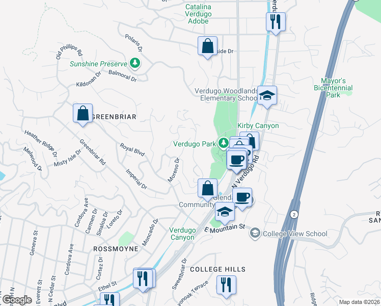 map of restaurants, bars, coffee shops, grocery stores, and more near 1835 Las Flores Drive in Glendale