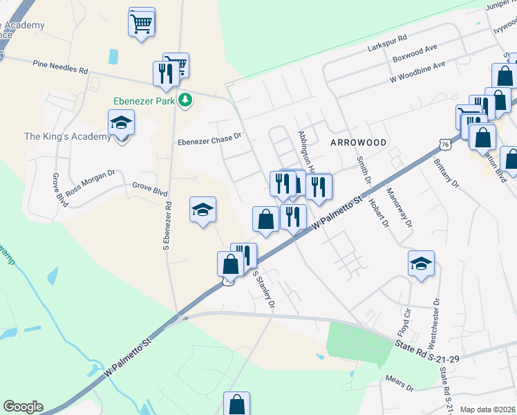 map of restaurants, bars, coffee shops, grocery stores, and more near 11153 Old Ebenezer Road in Florence