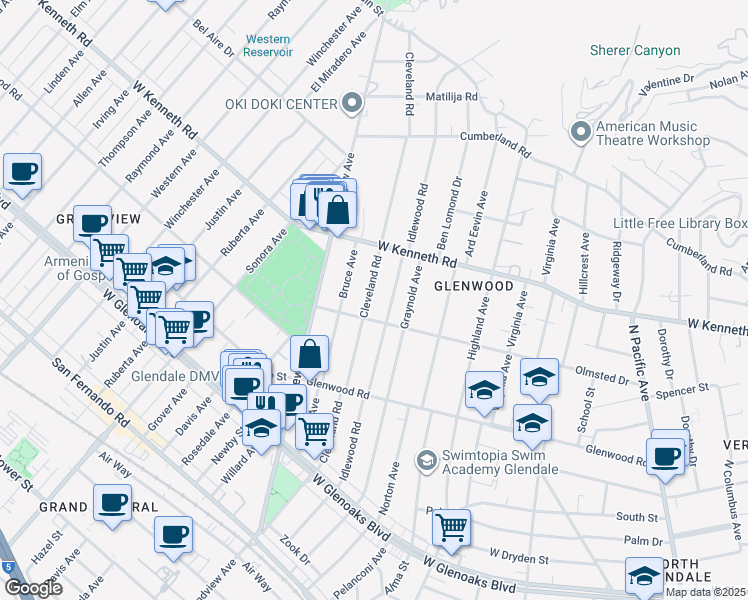 map of restaurants, bars, coffee shops, grocery stores, and more near 1418 Cleveland Road in Glendale