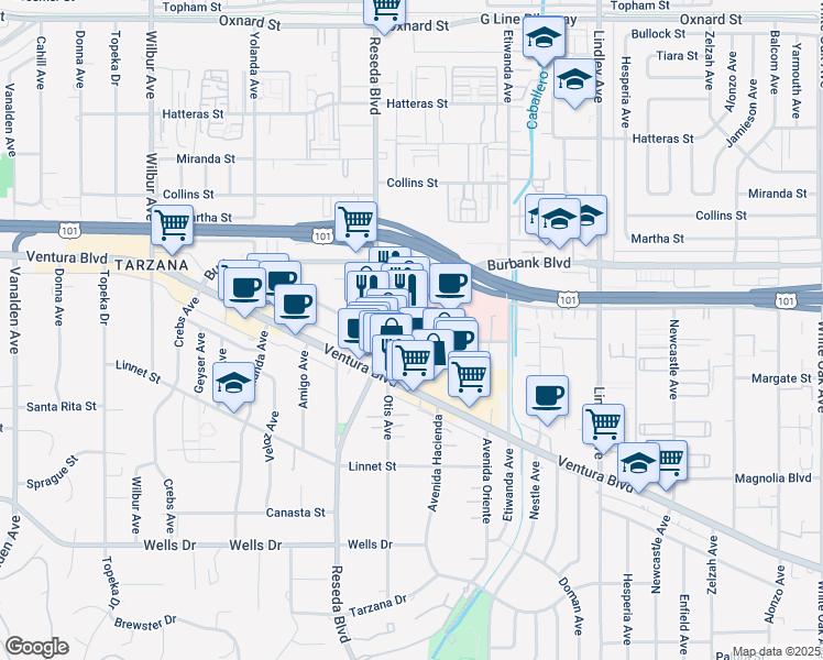 map of restaurants, bars, coffee shops, grocery stores, and more near 5500 Reseda Boulevard in Los Angeles