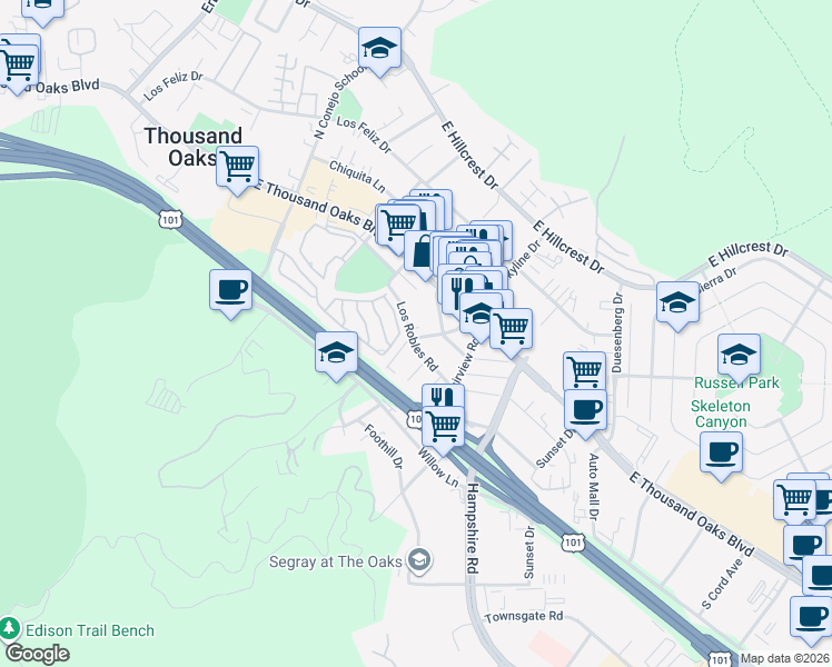 map of restaurants, bars, coffee shops, grocery stores, and more near in Thousand Oaks