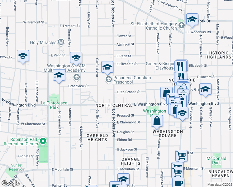map of restaurants, bars, coffee shops, grocery stores, and more near 452 East Rio Grande Street in Pasadena