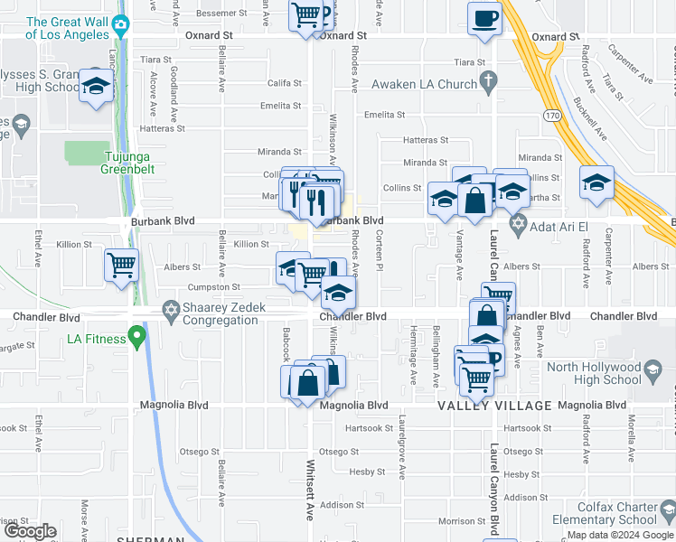 map of restaurants, bars, coffee shops, grocery stores, and more near 12424 Albers Street in Los Angeles