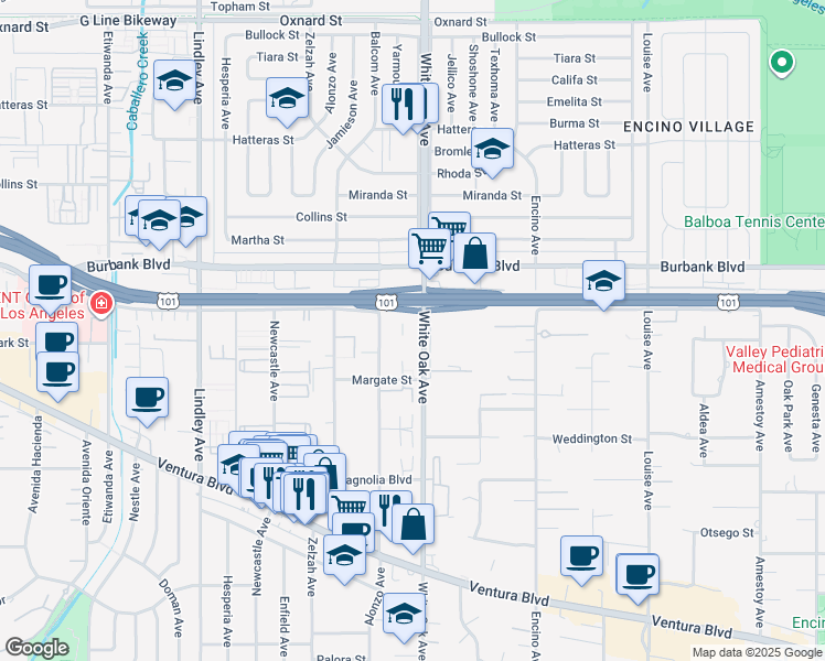 map of restaurants, bars, coffee shops, grocery stores, and more near 5447 White Oak Avenue in Los Angeles