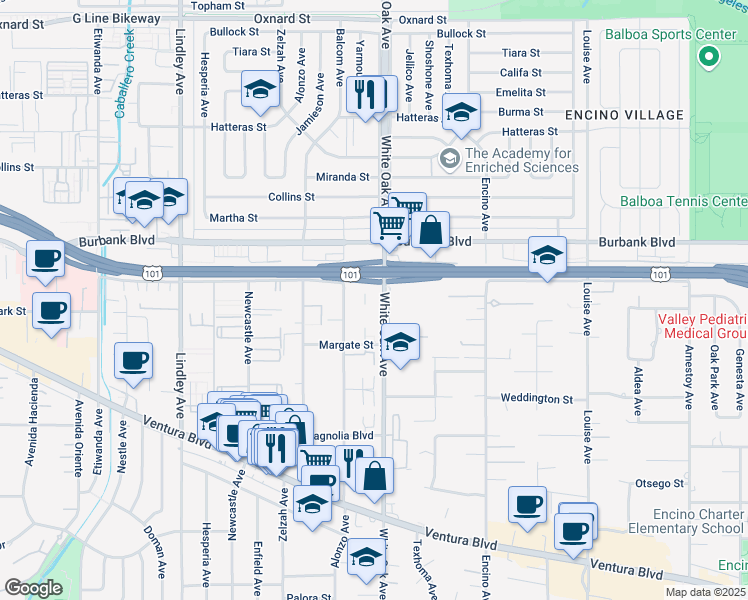 map of restaurants, bars, coffee shops, grocery stores, and more near 5455 White Oak Avenue in Encino