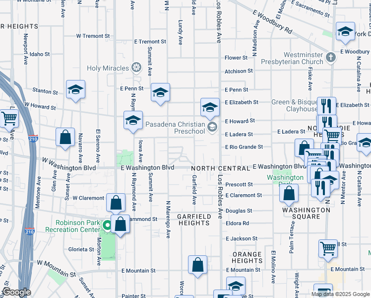 map of restaurants, bars, coffee shops, grocery stores, and more near 275 Robincroft Drive in Pasadena