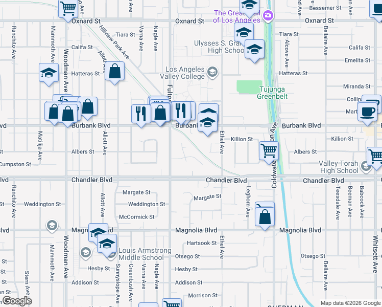 map of restaurants, bars, coffee shops, grocery stores, and more near 13225 Cumpston Street in Los Angeles