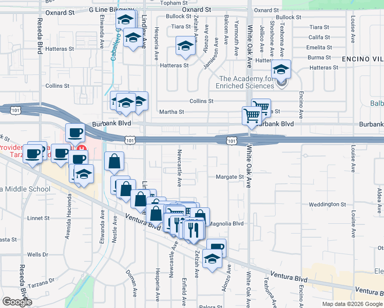 map of restaurants, bars, coffee shops, grocery stores, and more near 5414 Newcastle Avenue in Los Angeles