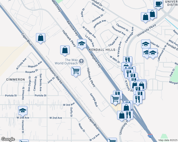 map of restaurants, bars, coffee shops, grocery stores, and more near in San Bernardino