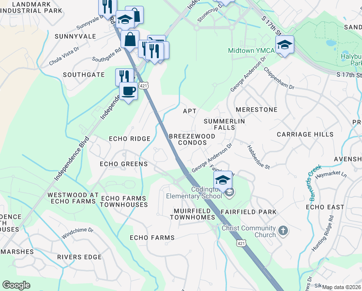 map of restaurants, bars, coffee shops, grocery stores, and more near 4138 Breezewood Drive in Wilmington