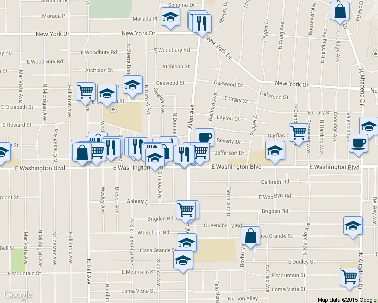 map of restaurants, bars, coffee shops, grocery stores, and more near 1466 Allen Avenue in Pasadena