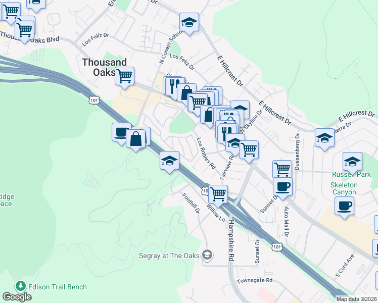 map of restaurants, bars, coffee shops, grocery stores, and more near 131 Comanche Way in Thousand Oaks