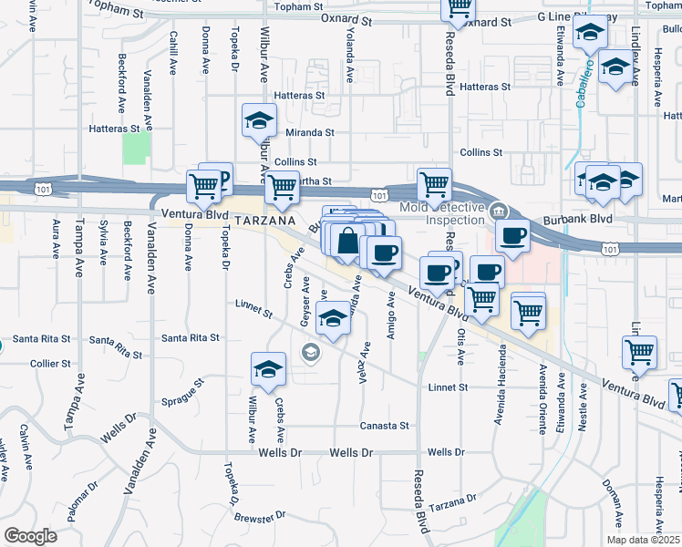 map of restaurants, bars, coffee shops, grocery stores, and more near 18711 Redwing Street in Los Angeles