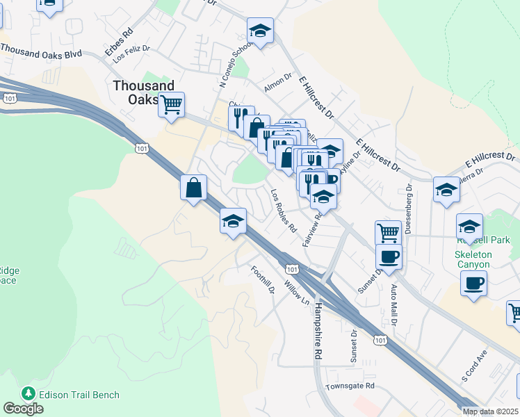 map of restaurants, bars, coffee shops, grocery stores, and more near 131 Comanche Way in Thousand Oaks
