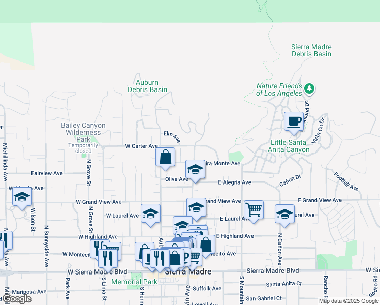 map of restaurants, bars, coffee shops, grocery stores, and more near 477 North Baldwin Avenue in Sierra Madre