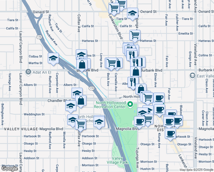 map of restaurants, bars, coffee shops, grocery stores, and more near 5451 Beck Avenue in Los Angeles