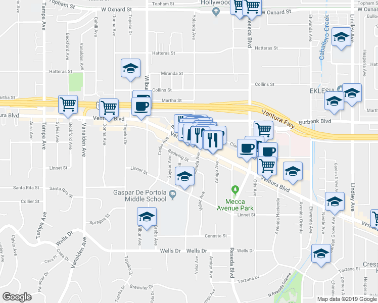 map of restaurants, bars, coffee shops, grocery stores, and more near 18711 Redwing Street in Los Angeles