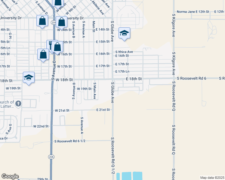 map of restaurants, bars, coffee shops, grocery stores, and more near 1824 South Globe Avenue in Portales