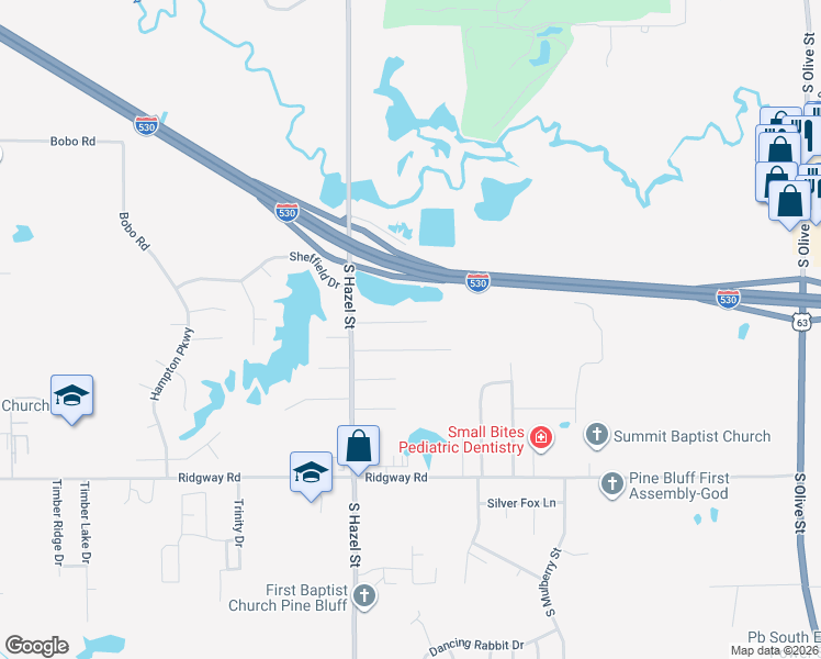 map of restaurants, bars, coffee shops, grocery stores, and more near 2010 Windsor Colony Drive in Pine Bluff