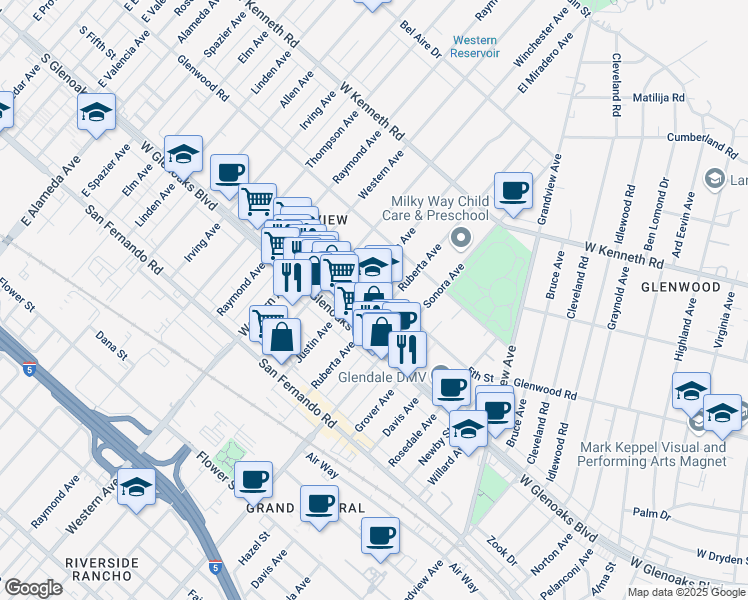 map of restaurants, bars, coffee shops, grocery stores, and more near 1540 5th Street in Glendale