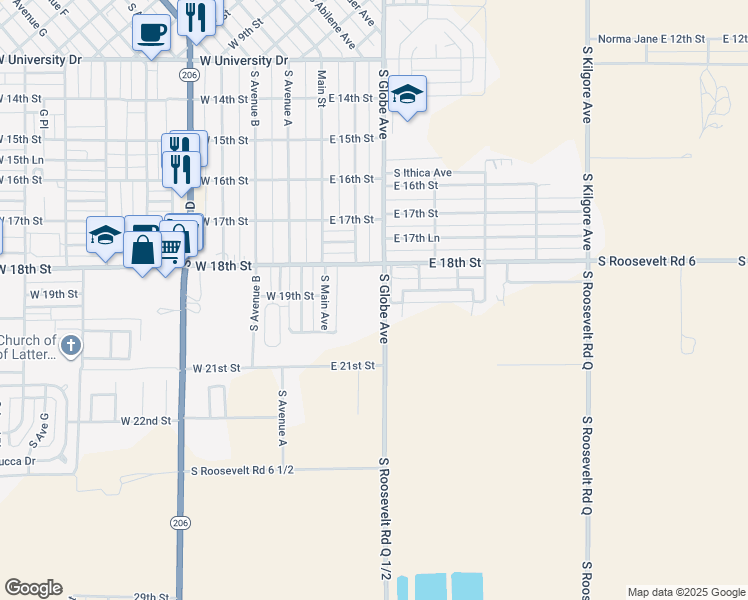 map of restaurants, bars, coffee shops, grocery stores, and more near 1900 South Globe Avenue in Portales