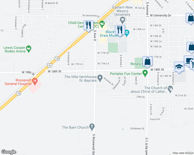 map of restaurants, bars, coffee shops, grocery stores, and more near 1509 Arizona Drive in Portales