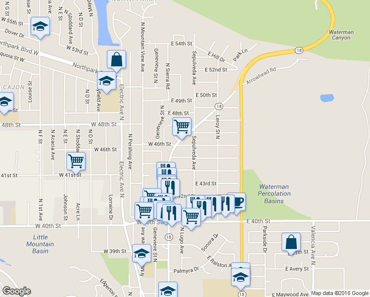 map of restaurants, bars, coffee shops, grocery stores, and more near 166 East 45th Street in San Bernardino