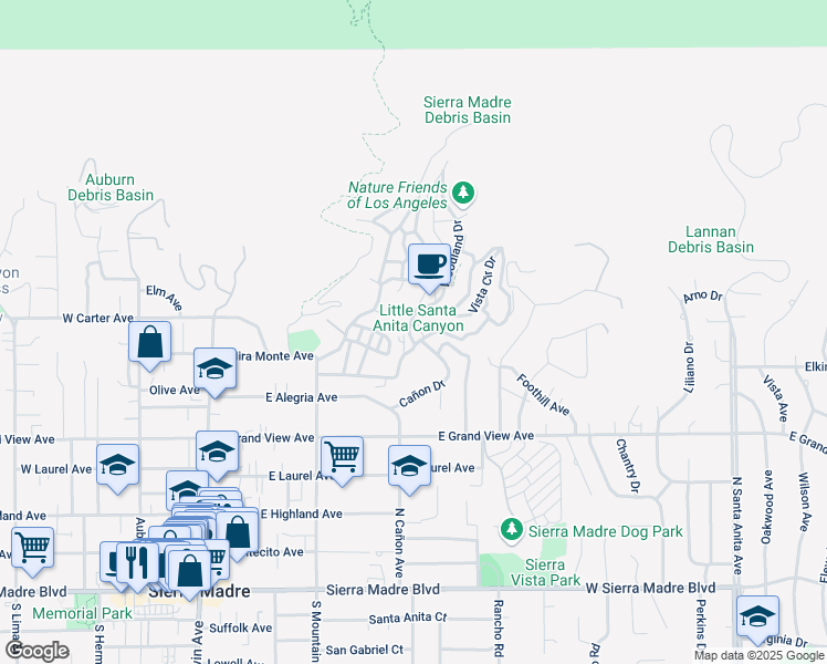 map of restaurants, bars, coffee shops, grocery stores, and more near 475 Sturtevant Drive in Sierra Madre