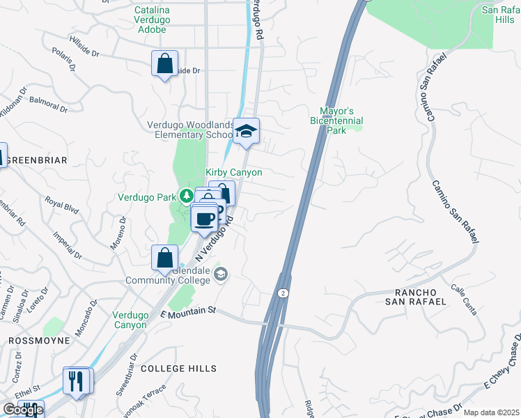 map of restaurants, bars, coffee shops, grocery stores, and more near 1865 Verdugo Loma Drive in Glendale