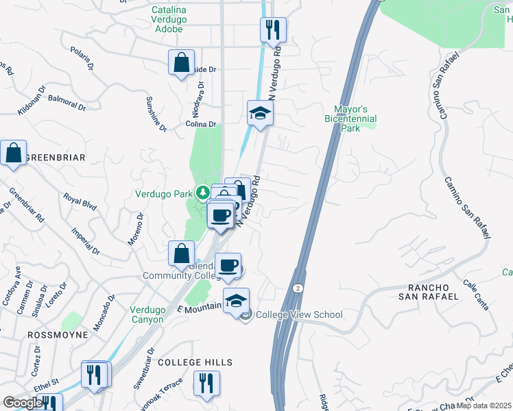 map of restaurants, bars, coffee shops, grocery stores, and more near 1570 North Verdugo Road in Glendale