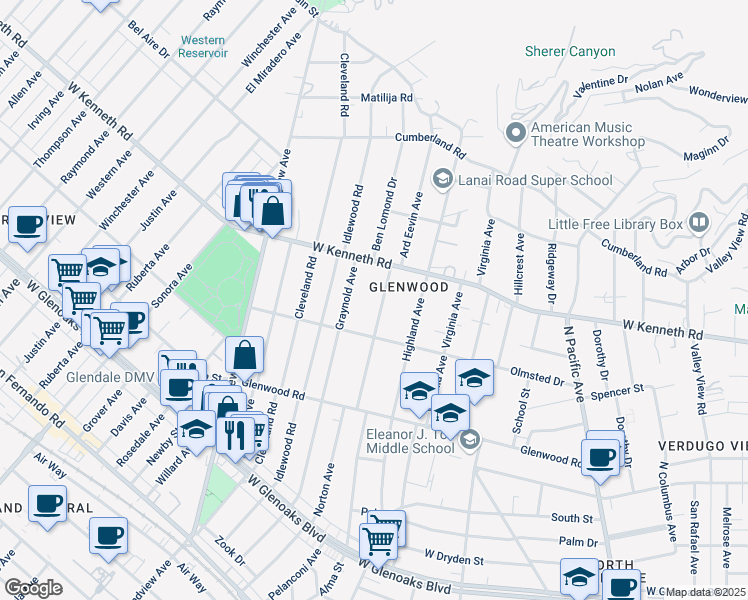 map of restaurants, bars, coffee shops, grocery stores, and more near 1423 Norton Avenue in Glendale