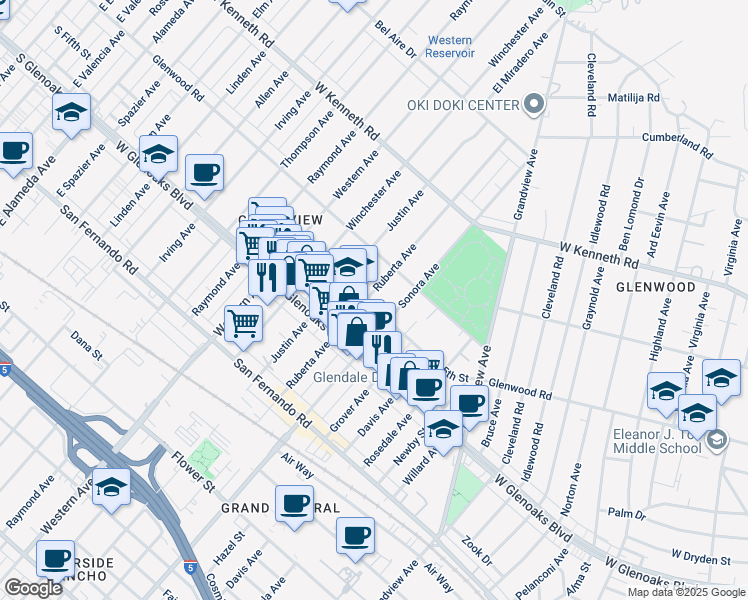 map of restaurants, bars, coffee shops, grocery stores, and more near 1130 Ruberta Avenue in Glendale