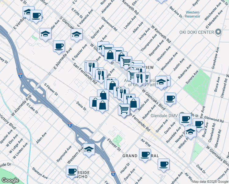 map of restaurants, bars, coffee shops, grocery stores, and more near 1011 Raymond Avenue in Glendale