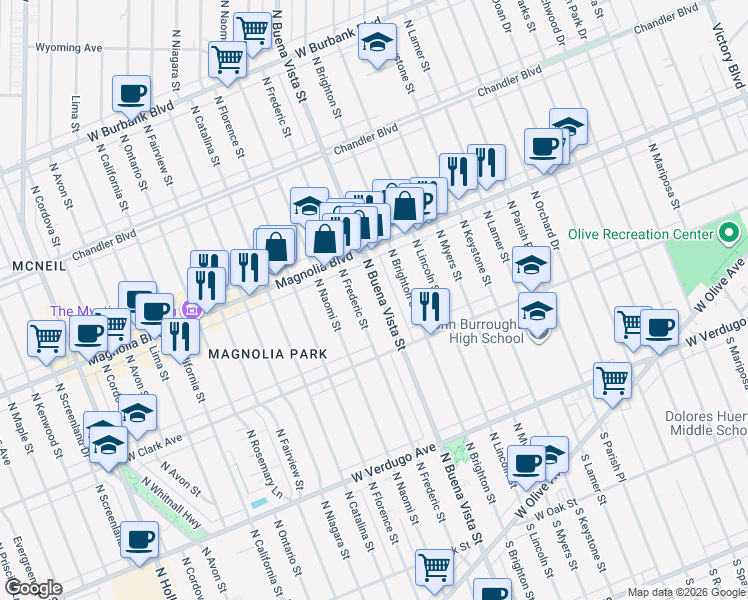 map of restaurants, bars, coffee shops, grocery stores, and more near 700 North Frederic Street in Burbank