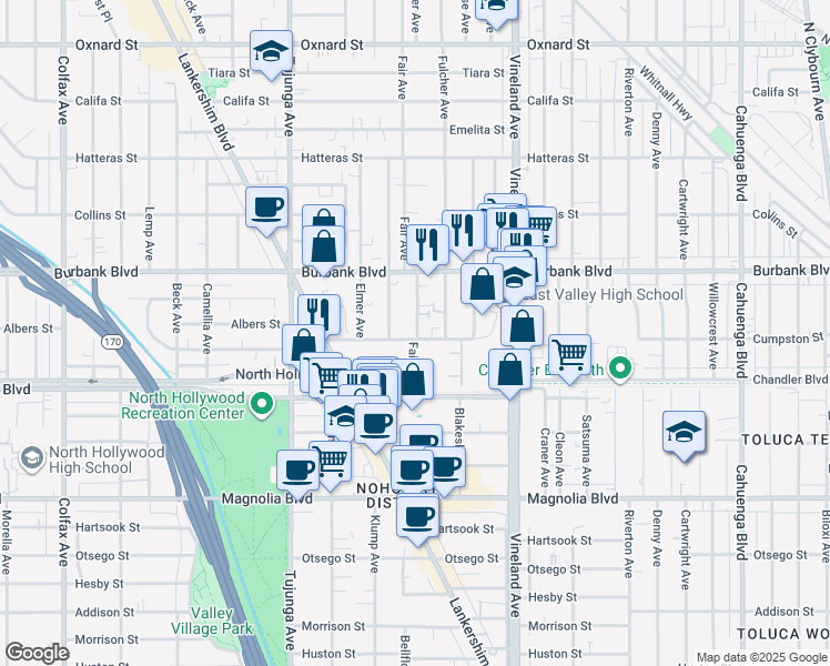 map of restaurants, bars, coffee shops, grocery stores, and more near 5500 Bonner Avenue in Los Angeles