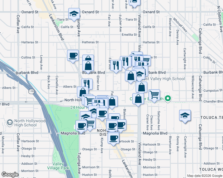 map of restaurants, bars, coffee shops, grocery stores, and more near 5500 Bonner Avenue in Los Angeles