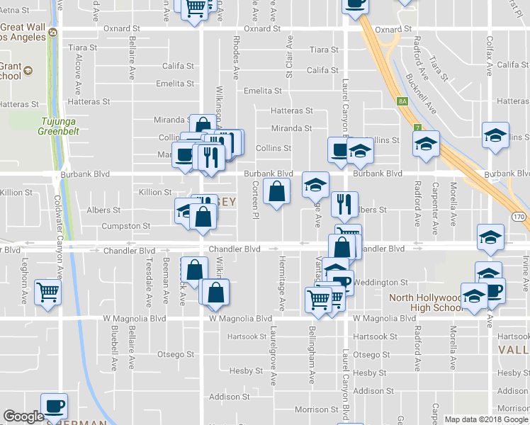 map of restaurants, bars, coffee shops, grocery stores, and more near 5444 Corteen Place in Los Angeles